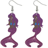 Purple African American Mermaid Wooden Earrings