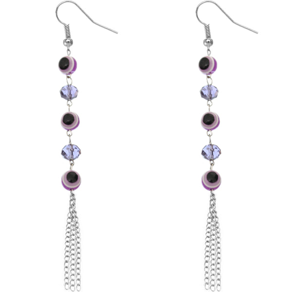 Purple Beaded Evil Eye Chain Earrings