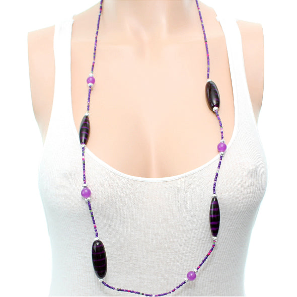 Purple Wooden Sequin Striped Necklace Set