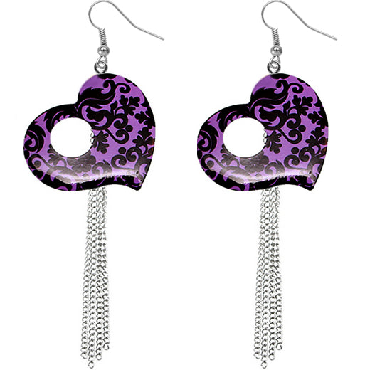 Purple Damask Heart Drop Chain Earrings