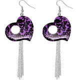 Purple Damask Heart Drop Chain Earrings