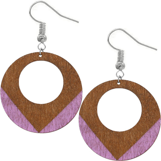 Purple Round Trim Wooden Dangle Earrings