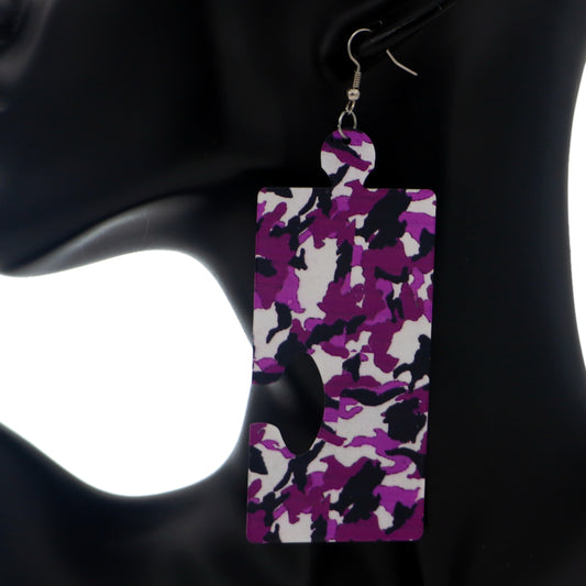 Purple Camo Puzzle Piece Rectangular Earrings