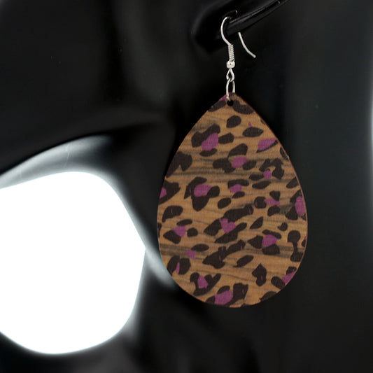 Purple Cheetah Print Wooden Teardrop Earrings