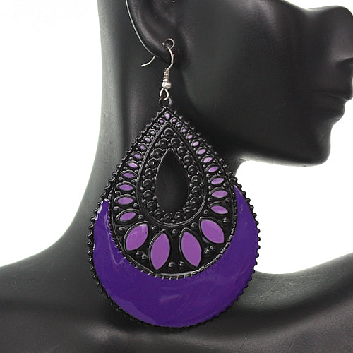 Purple Black Open Teardrop Earrings