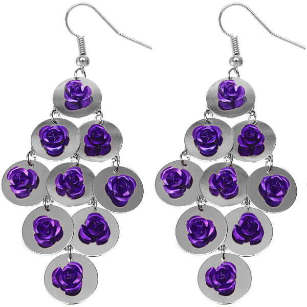 Purple Flat Disc Floral Dangle Earrings