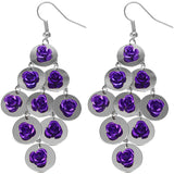Purple Flat Disc Floral Dangle Earrings