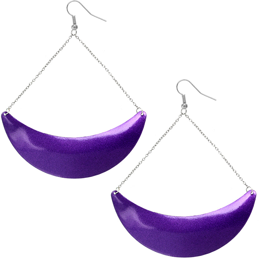 Purple Drop Chain Metal Crescent Earrings