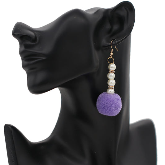 Purple CZ Faux Pearl Pom Pom Earrings