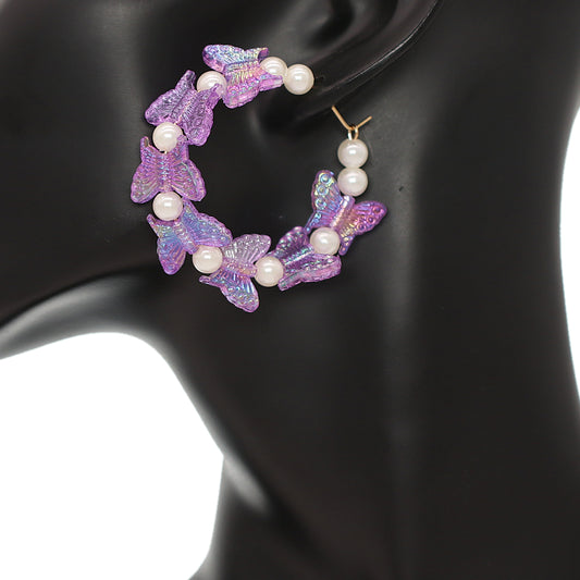 Purple Butterfly Faux Pearl Mini Hoop Earrings