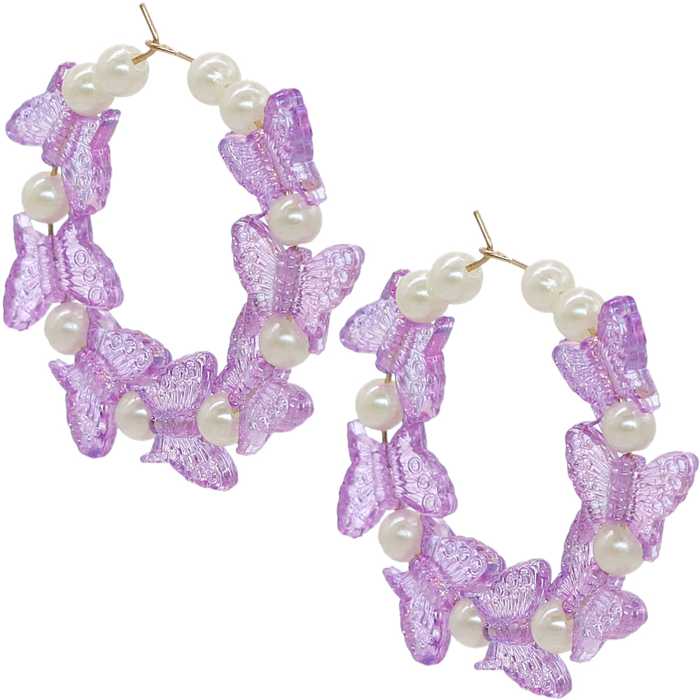 Purple Butterfly Faux Pearl Mini Hoop Earrings