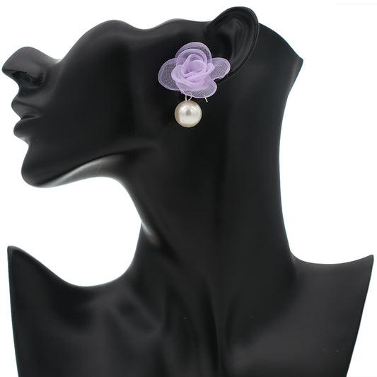 Purple Tulle Faux Pearl Stud Earrings