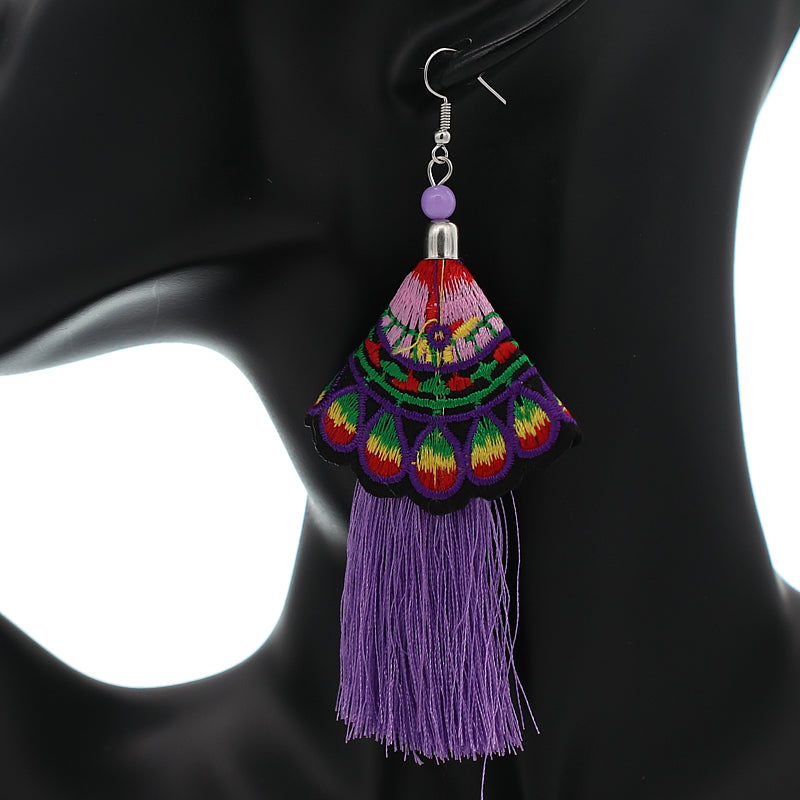 Purple Embroidered Ruffle Long Tassel Dangle Earrings