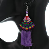 Purple Embroidered Ruffle Long Tassel Dangle Earrings