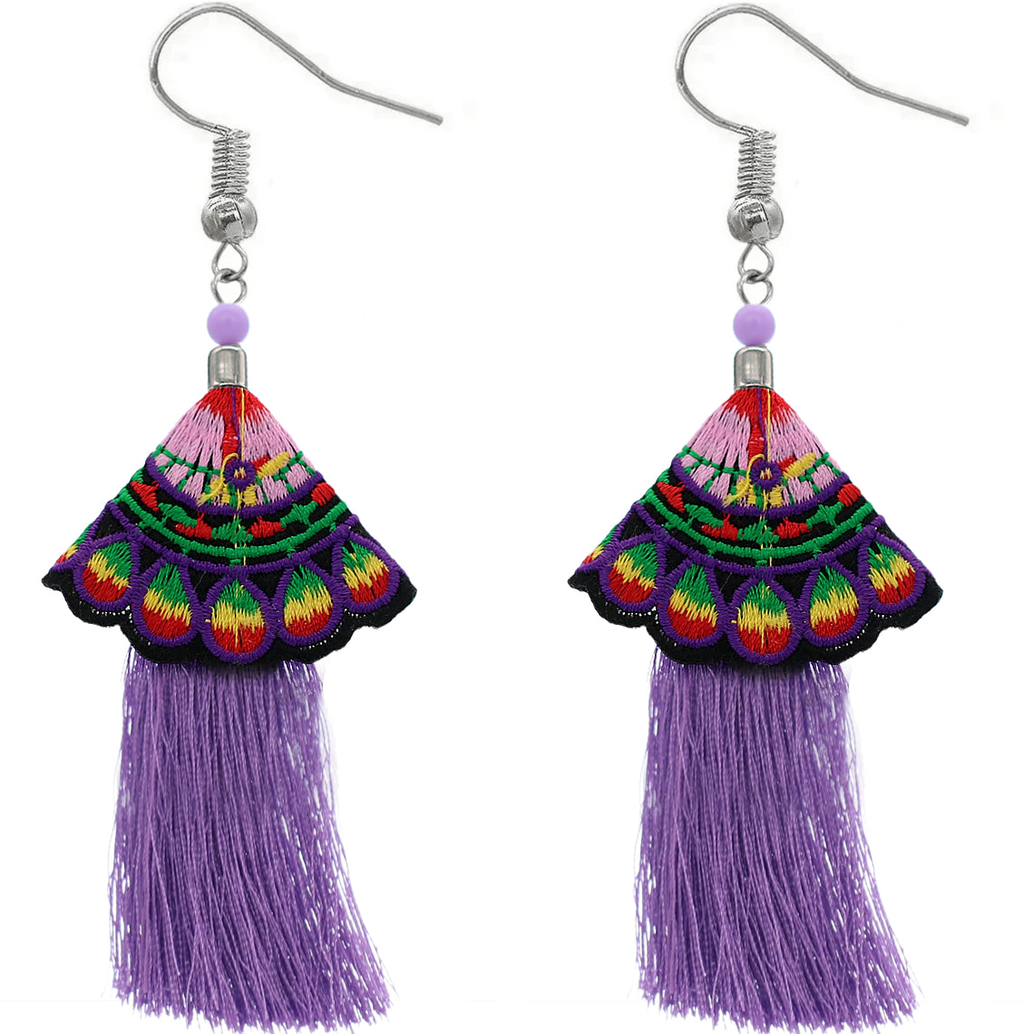 Purple Embroidered Ruffle Long Tassel Dangle Earrings