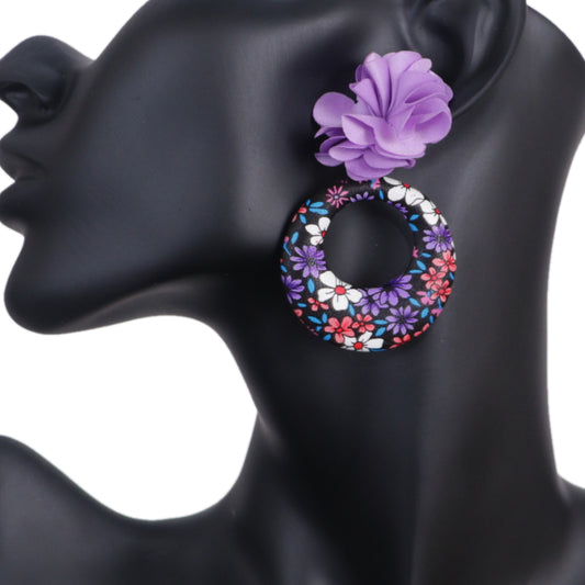 Purple Floral Fabric Drop Hoop Earrings