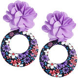 Purple Floral Fabric Drop Hoop Earrings