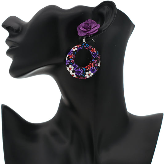 Purple Flower Open Circle Earrings