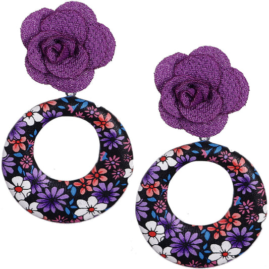 Purple Flower Open Circle Earrings