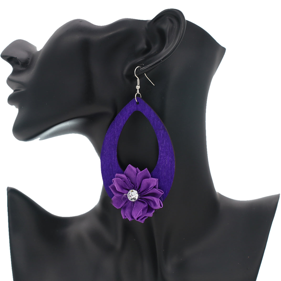 Purple Flower Wooden Teardrop Earrings