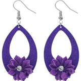 Purple Flower Wooden Teardrop Earrings