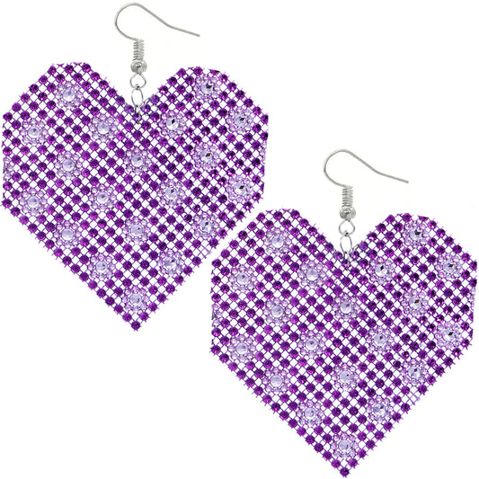 Purple Mesh Rhinestone Heart Earrings