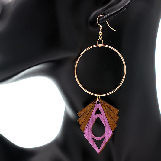 Purple Geometric Wooden Hoop Earrings