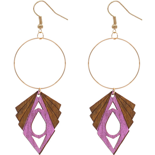 Purple Geometric Wooden Hoop Earrings