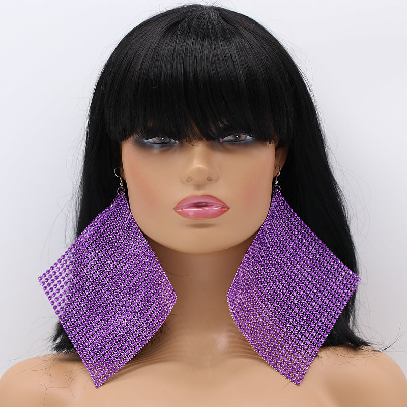 Purple Enormous Mesh Rhinestone Drop Earrings