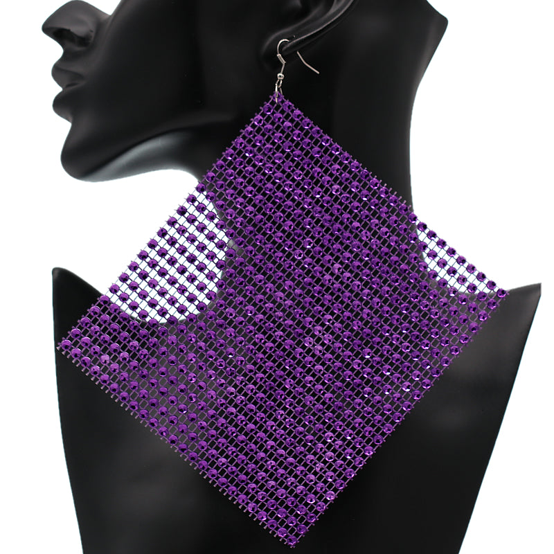 Purple Enormous Mesh Rhinestone Drop Earrings