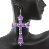 Purple Glitter Studded Cross Earrings