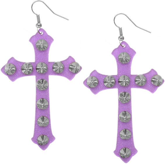 Purple Glitter Studded Cross Earrings