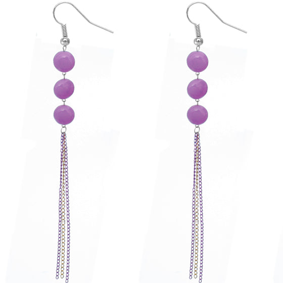 Purple Glossy Triple Beaded Chain Earrings