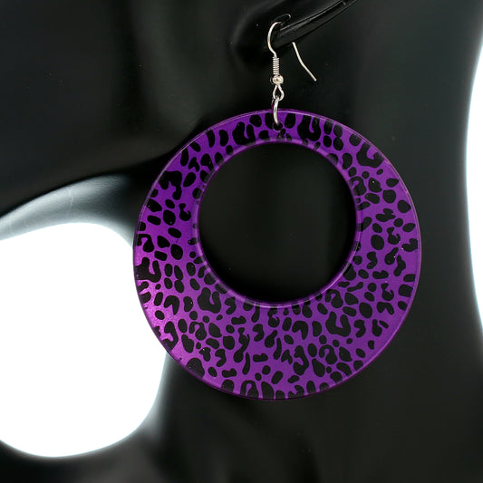 Purple Spotted Cheetah Print Round Earrings