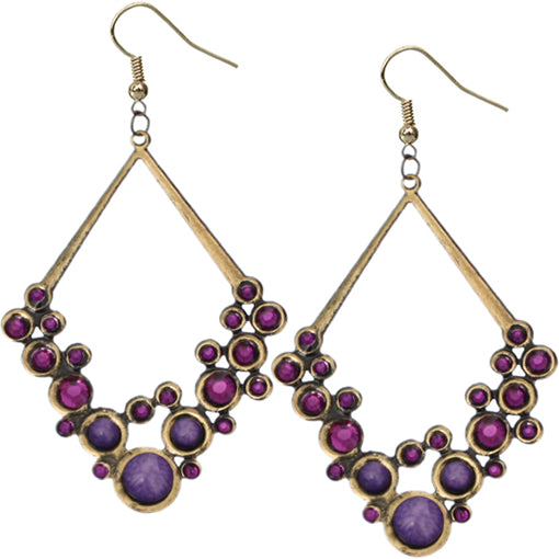 Purple Gold Beaded Open Triangle Rhinestone Earrings