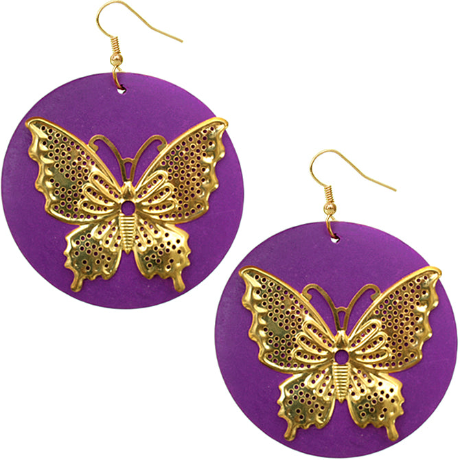 Purple Gold Wooden Butterfly Dangle Earrings