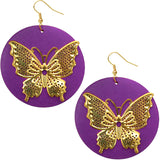 Purple Gold Wooden Butterfly Dangle Earrings