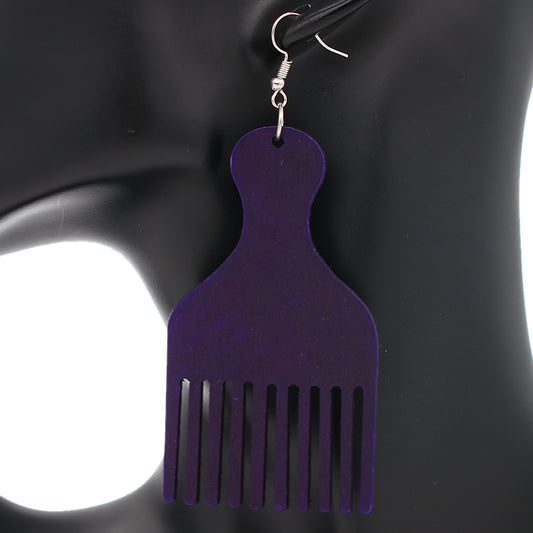 Purple Afro Pick Comb Afrocentric Wooden Earrings