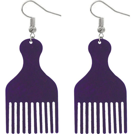 Purple Afro Pick Comb Afrocentric Wooden Earrings