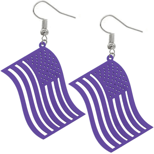 Purple Large American Flag Wooden Earrings