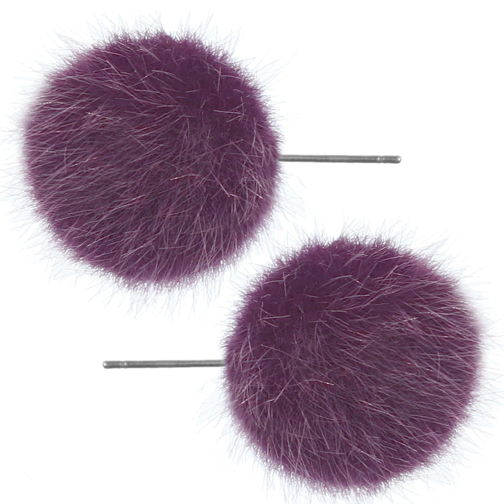 Purple Large Fury Pom Pom Stud Earrings