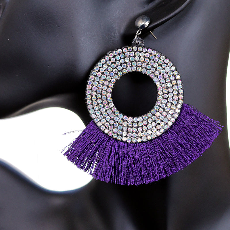 Purple Large Tassel Fan Rhinestone Earrings