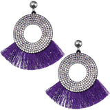 Purple Large Tassel Fan Rhinestone Earrings