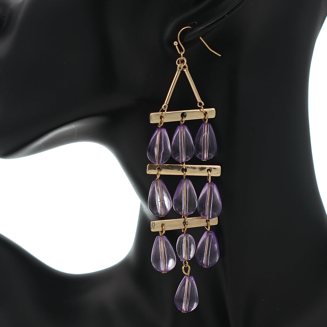 Purple 3 Tier Beaded Dangle Earrings