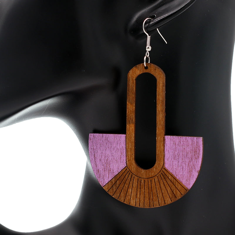 Purple Long Oval Fan Wooden Earrings
