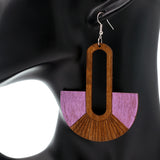 Purple Long Oval Fan Wooden Earrings