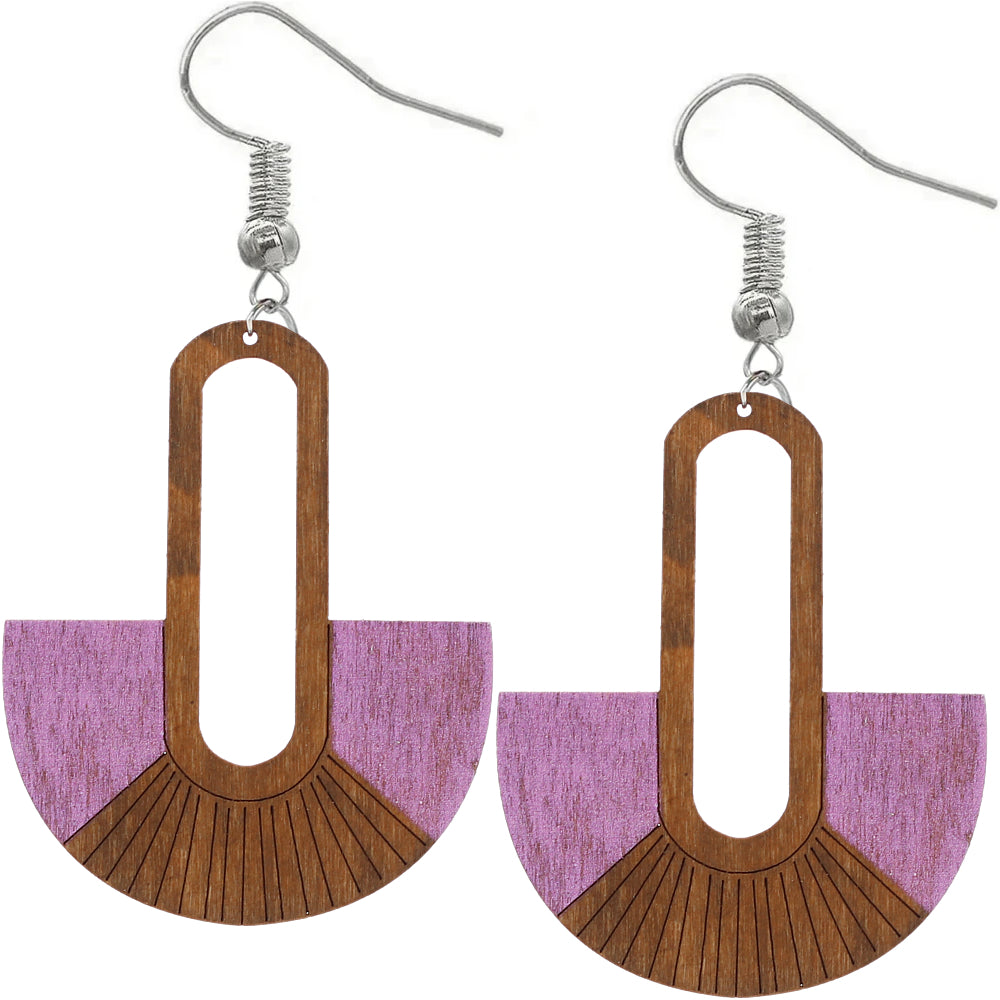 Purple Long Oval Fan Wooden Earrings