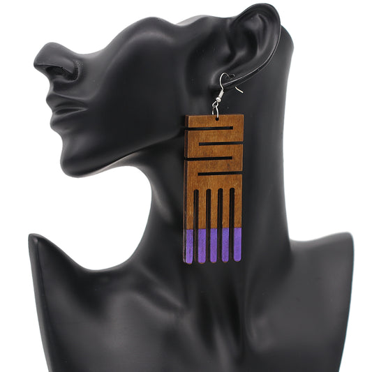 Purple Maze Geometric Wooden Earrings