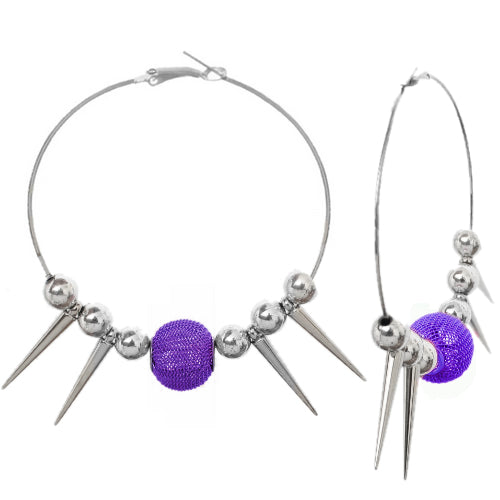 Purple Mesh Spike Bead Hoop Earrings