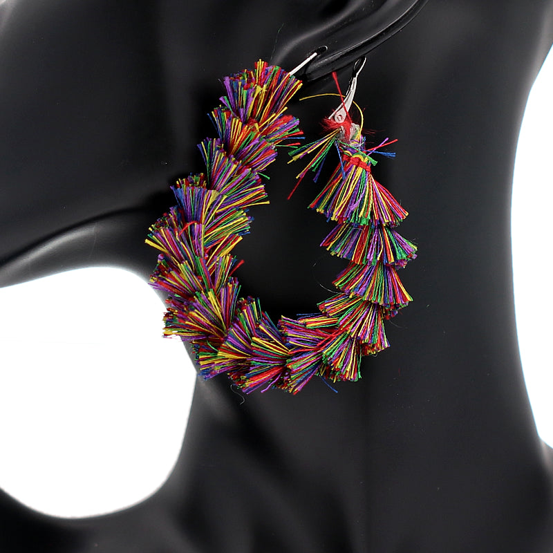 Purple Multicolor Wrapped Tassel Teardrop Hoop Earrings